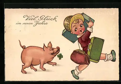 AK Bepackter Knabe und Schwein, Neujahrsgruss