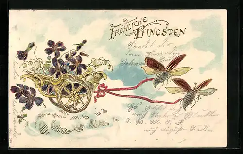 Präge-Lithographie Zwei Maikäfer ziehen einen Blumenwagen, Pfingstgruss
