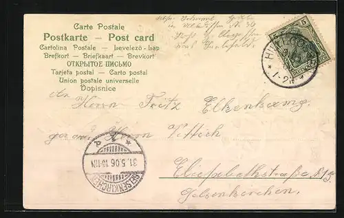 Präge-Lithographie Zwei Maikäfer ziehen einen Blumenwagen, Pfingstgruss