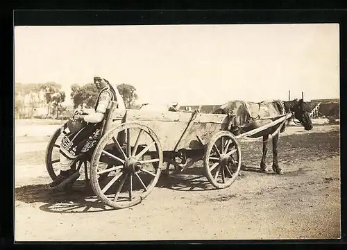 AK Junge Bäuerin auf einem Pferdewagen
