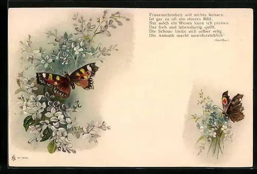 AK Schmetterlinge mit Flieder und Blumenstrauss