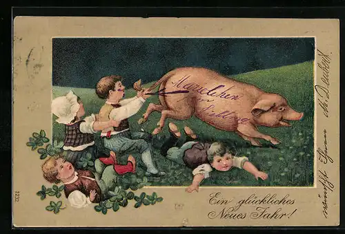 Präge-AK Kinder versuchen ein Schwein festzuhalten, Neujahrsgruss
