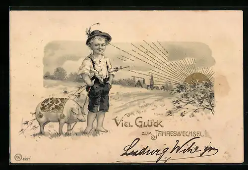 AK Knabe mit Tirolerhut und Glücksschwein, Neujahrsgruss