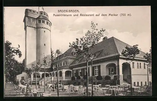 AK Baden-Baden, Aussichtsturm mit Restaurant auf dem Merkur