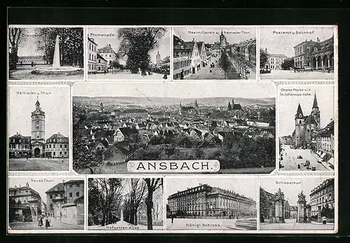 AK Ansbach, Postamt u. Bahnhof, Königl. Schloss