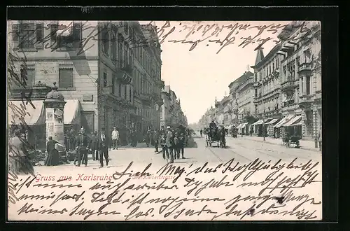 AK Karlsruhe, Kaiserstrasse mit Litfasssäule