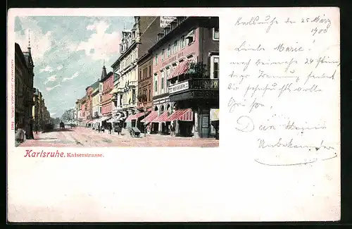 AK Karlsruhe, Kaiserstrasse mit Pferdekutschen