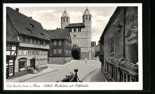 AK Bad Gandersheim a. Harz, Solbad, Marktplatz mit Stiftskirche