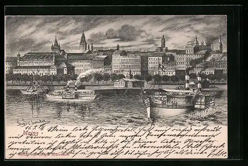 Künstler-AK Mainz, Ortspartie mit Fluss und Dampfern, Hotel de Holland