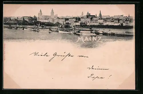 AK Mainz, Teilansicht mit Fluss und Dampfern