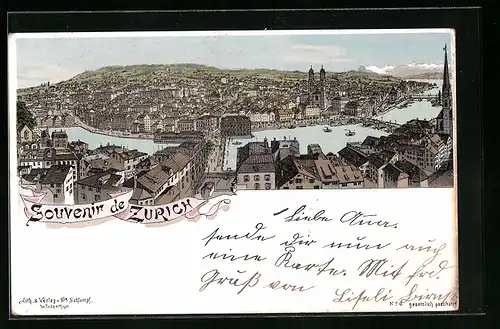 Lithographie Zürich, Ortsansicht mit Brücken aus der Vogelschau