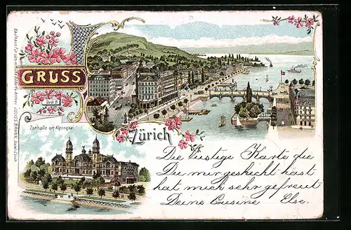 Lithographie Zürich, Teilansicht mit Brücke, Tonhalle am Alpenquai