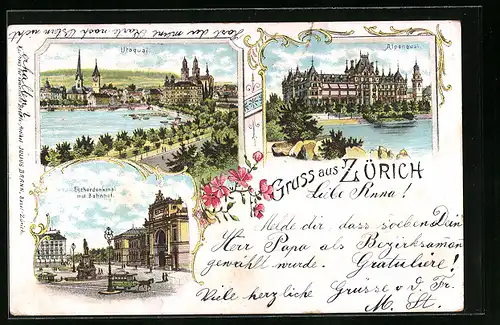 Lithographie Zürich, Utoquai, Escherdenkmal mit Bahnhof