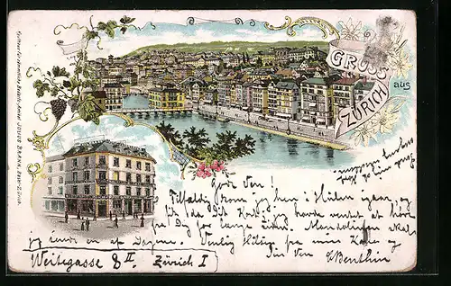 Lithographie Zürich, Teilansicht mit Uferstrasse, Strassenpartie mit Geschäftshaus