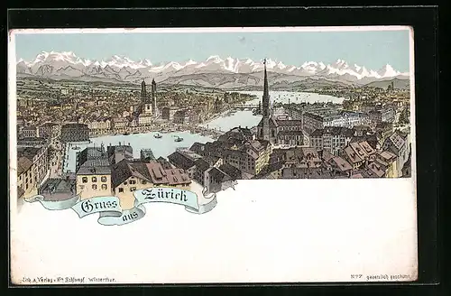 Lithographie Zürich, Ortsansicht mit Alpenpanorama