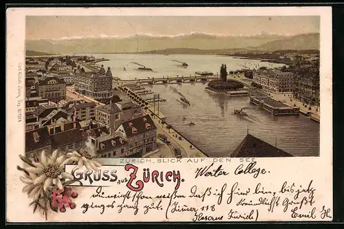 Lithographie Zürich, Blick auf den See