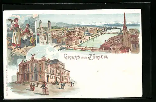 Lithographie Zürich, Ortsansicht, Theater, Trachten