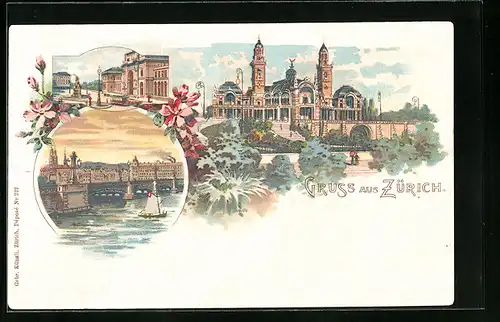 Lithographie Zürich, Strassenpartie, Brückenpartie, Tonhalle