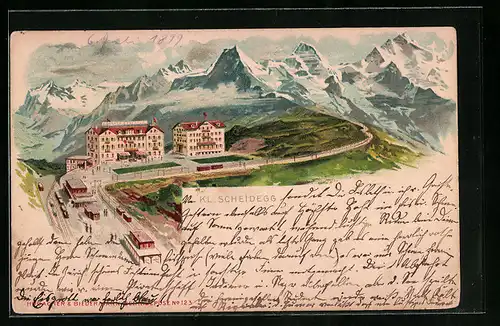 Lithographie Kl. Scheidegg, Kurhaus mit Umgebung und Alpen aus der Vogelschau