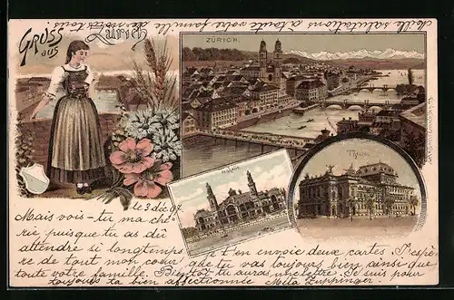 Lithographie Zürich, Ortsansicht mit Brücken, Tonhalle, Theater, Züricherin