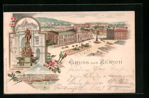 Lithographie Zürich, Teilansicht, Escherdenkmal, Panorama