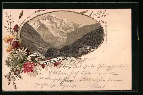 Passepartout-Lithographie Interlaken, Hotel mit Bergblick, Alpenblumen