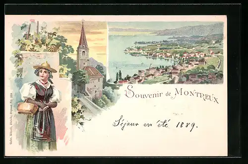 Lithographie Montreux, Ortsansicht, Kirche, Trachtenmädchen