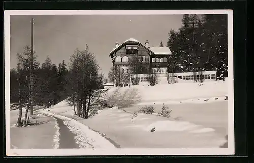 AK Silvaplana, Hotel Waldheim mit Strasse im Winter