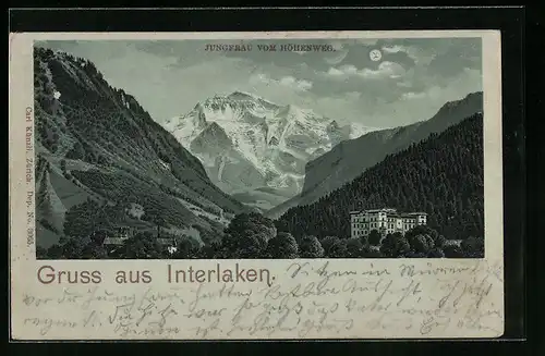 Mondschein-Lithographie Interlaken, Jungfrau vom Höhenweg