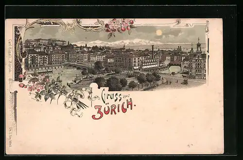 Mondschein-Lithographie Zürich, Teilansicht aus der Vogelschau