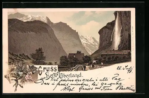 Lithographie Lauterbrunnen, Ortspartie mit Strasse und Wasserfall