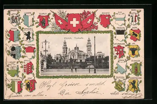 Präge-AK Zürich, Tonhalle, Wappen der Schweiz und Kantonswappen