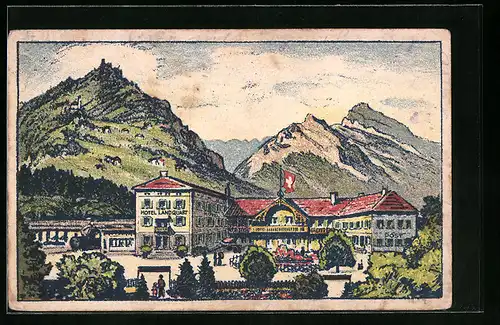 Künstler-AK Landquart, Hotel und Bahnhofbuffet Landquart mit Bergspitzen
