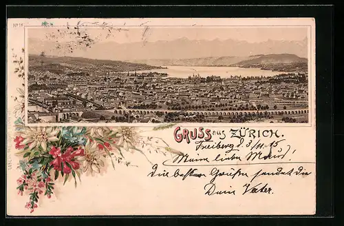 Passepartout-Lithographie Zürich, Ortsansicht mit Wasserblick, Alpenblumen