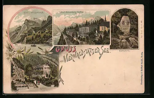 Lithographie Seelisberg, Hotel Sonnenberg, Rütli, Rütlistein