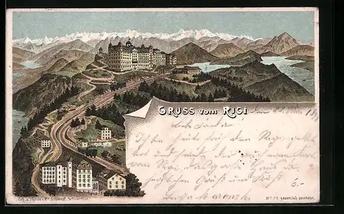 Lithographie Rigi, Hotels und Strasse auf dem Rigi-Kulm aus der Vogelschau