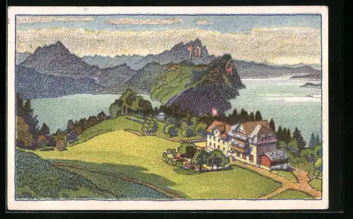 Künstler-AK Vitznau, Blick auf den Vierwaldstätter See von der Wissifluh