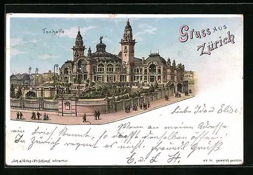 Lithographie Zürich, Tonhalle mit Strasse und Passanten