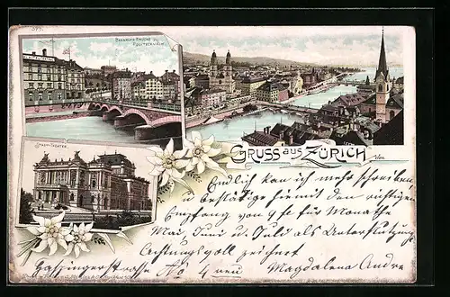 Lithographie Zürich, Central-Hotel und Polytechnikum mit Bahnhofs-Brücke, Stadt-Theater, Teilansicht