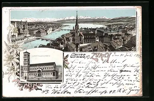 Lithographie Zürich, Teilansicht, Liebfrauenkirche