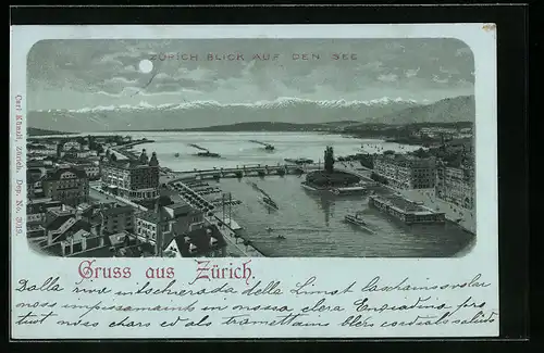 Mondschein-Lithographie Zürich, Blick auf den See