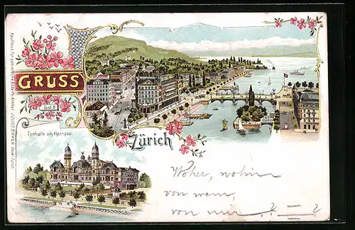 Lithographie Zürich, Uferpartie mit Brücke, Tonhalle am Alpenquai