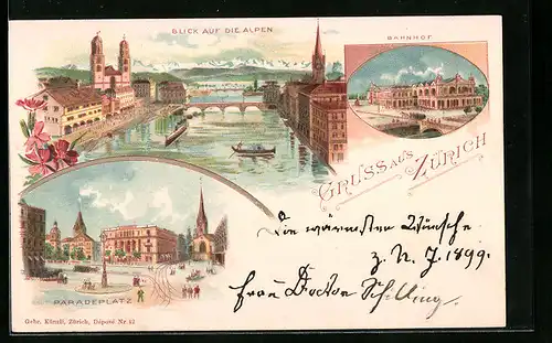 Lithographie Zürich, Blick auf die Alpen, Bahnhof, Paradeplatz
