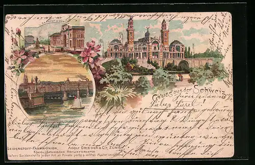 Lithographie Zürich, Tonhalle, Bahnhof, Quaibrücke