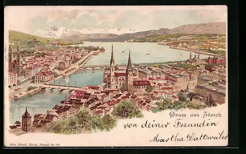 Lithographie Zürich, Teilansicht mit Brücke