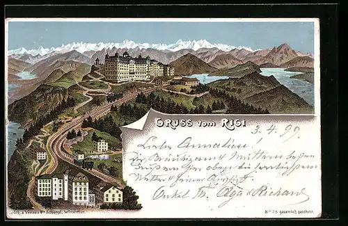Lithographie Rigi, Panorama mit Hotel