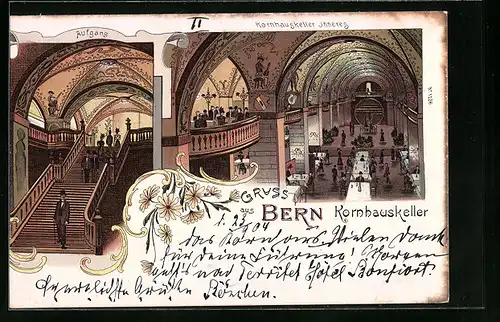 Lithographie Bern, Gasthaus Kornhauskeller, Innenansicht, Aufgang
