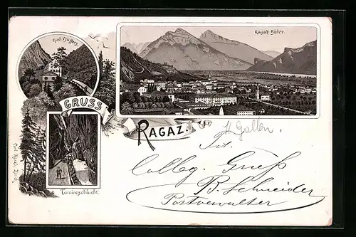 Lithographie Ragaz, Ragaz Bäder, Taminaschlucht, Bad Pfäffers