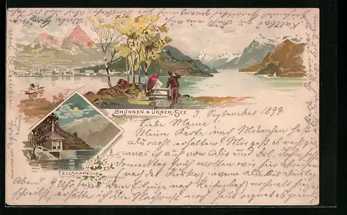 Lithographie Brunnen, Partie am Urner-See, Tellskapelle bei Mondschein