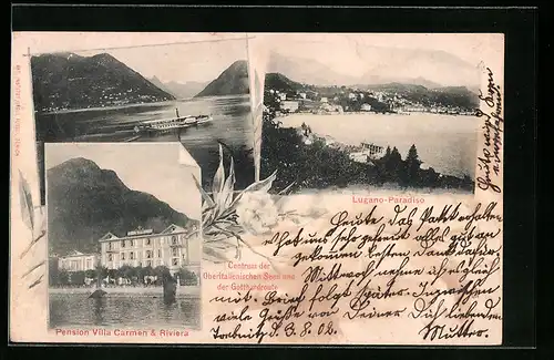 AK Lugano-Paradiso, Pension Villa Carmen & Riviera, Dampfer, Panorama